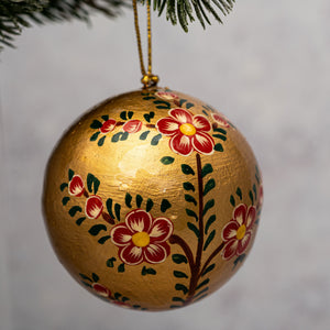 2" Gold with Red Flower Christmas Bauble
