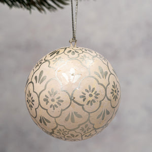 2" White and Silver Patterned Christmas Bauble