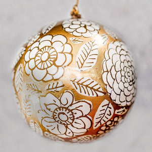 3" Gold with White Flower Christmas Bauble