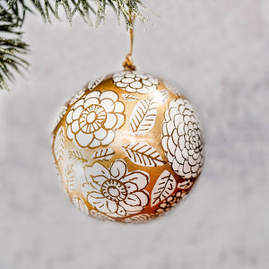 2" Gold With White Flower Christmas Bauble
