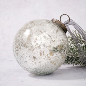 4" Extra Large Silver Crackle Glass Christmas Bauble
