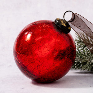 4" Extra Large Red Crackle Glass Christmas Bauble