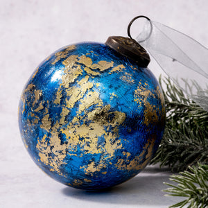 4" Extra Large Teal with Gold Foil Crackle Glass Ball