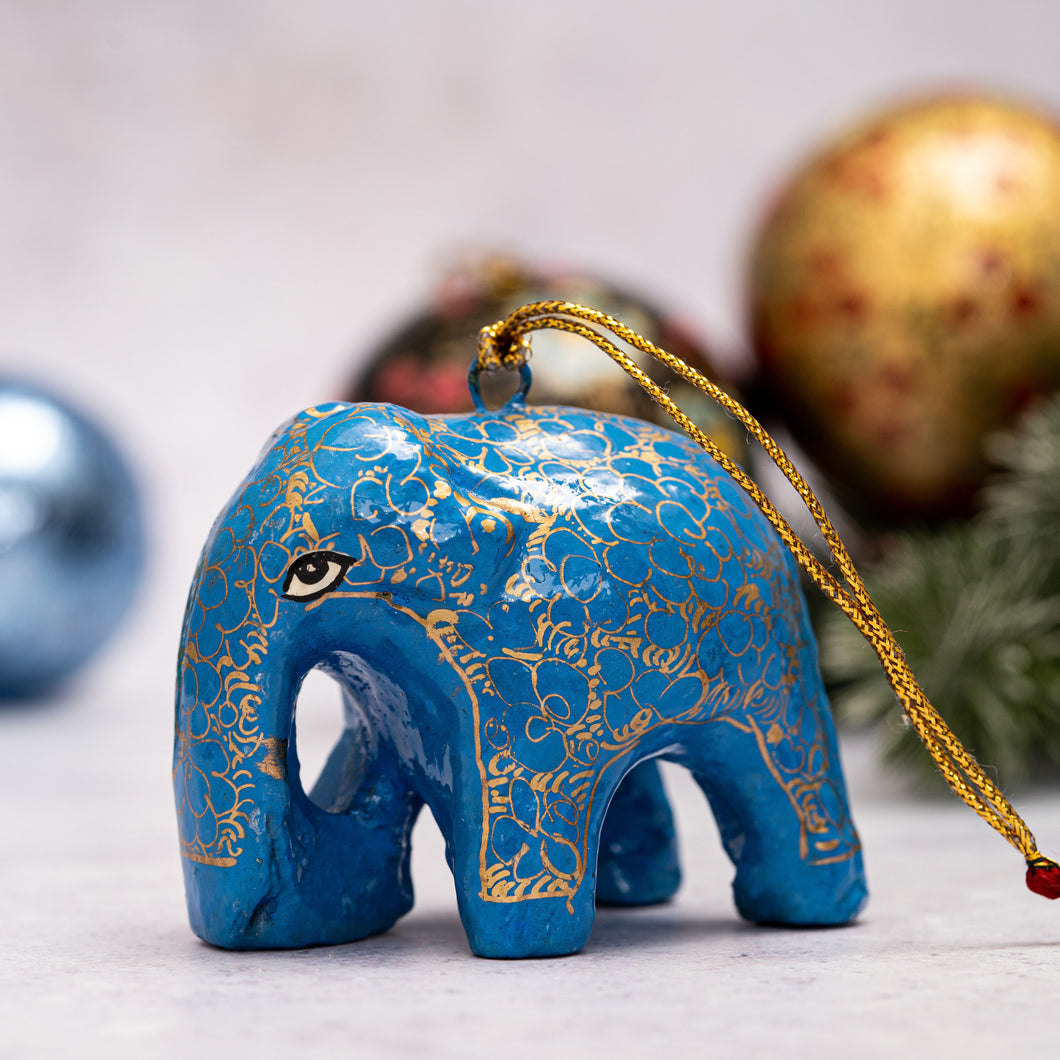 Azure Blue & Gold Pebble Hanging Elephant