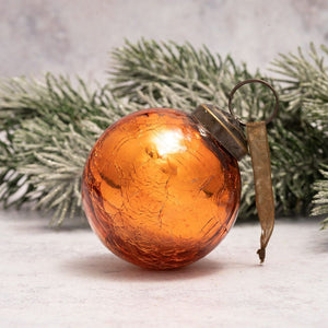 2" Medium Tangerine Crackle Glass Christmas Bauble