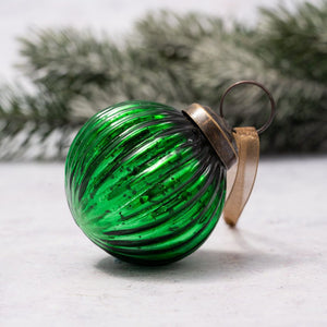 2" Medium Emerald Ribbed Glass Christmas Bauble
